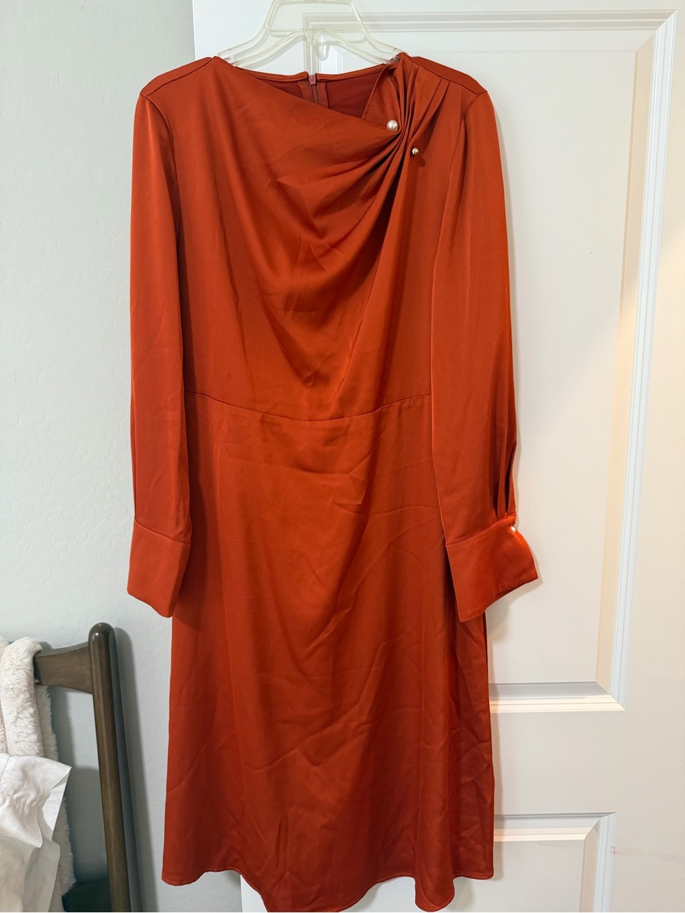 Rust Red Draped Long-Sleeve Women's Dress L